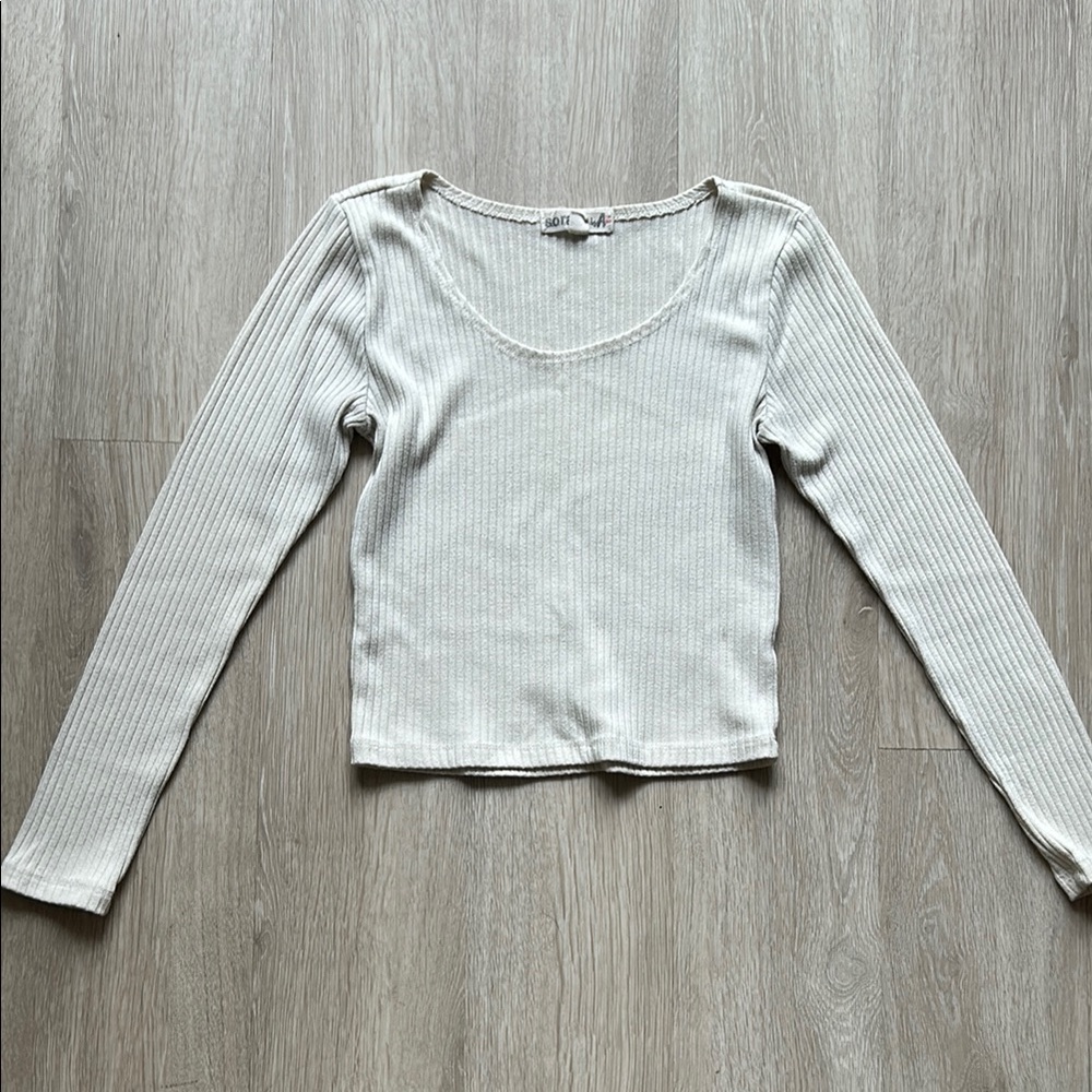 White Fitted Ribbed Long Sleeve Blouse